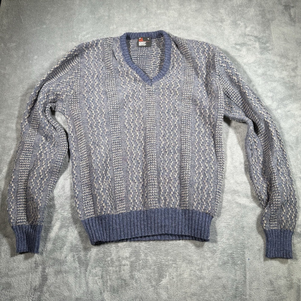 Vintage‎ Robert Bruce Sweater USA Made Men's M Blue Knit Textured V-Neck 80s 90s